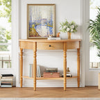 TREXM Farmhouse Half Moon Console Table with Drawer & Shelf - Rustic Accent Table