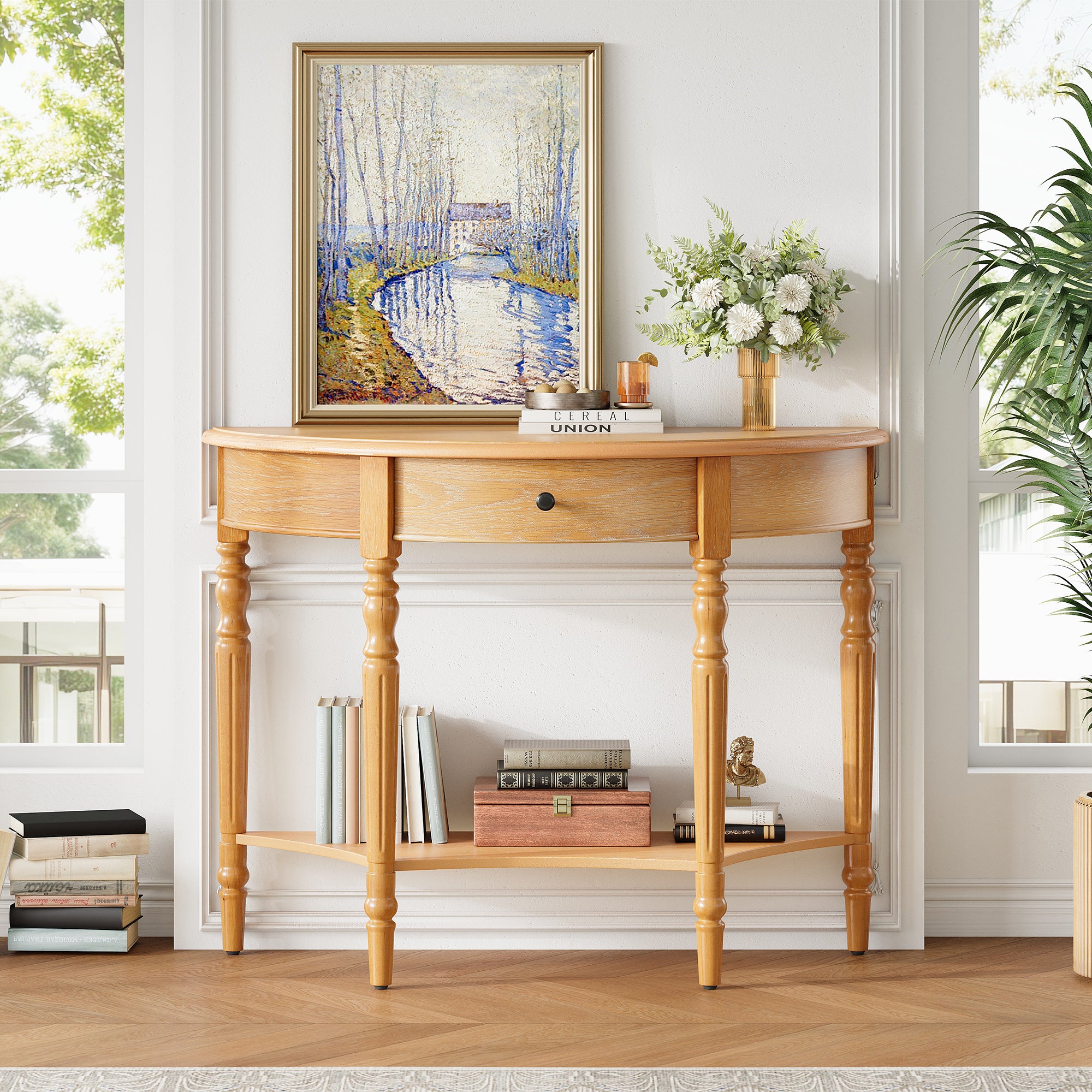 TREXM Farmhouse Half Moon Console Table with Drawer & Shelf - Rustic Accent Table