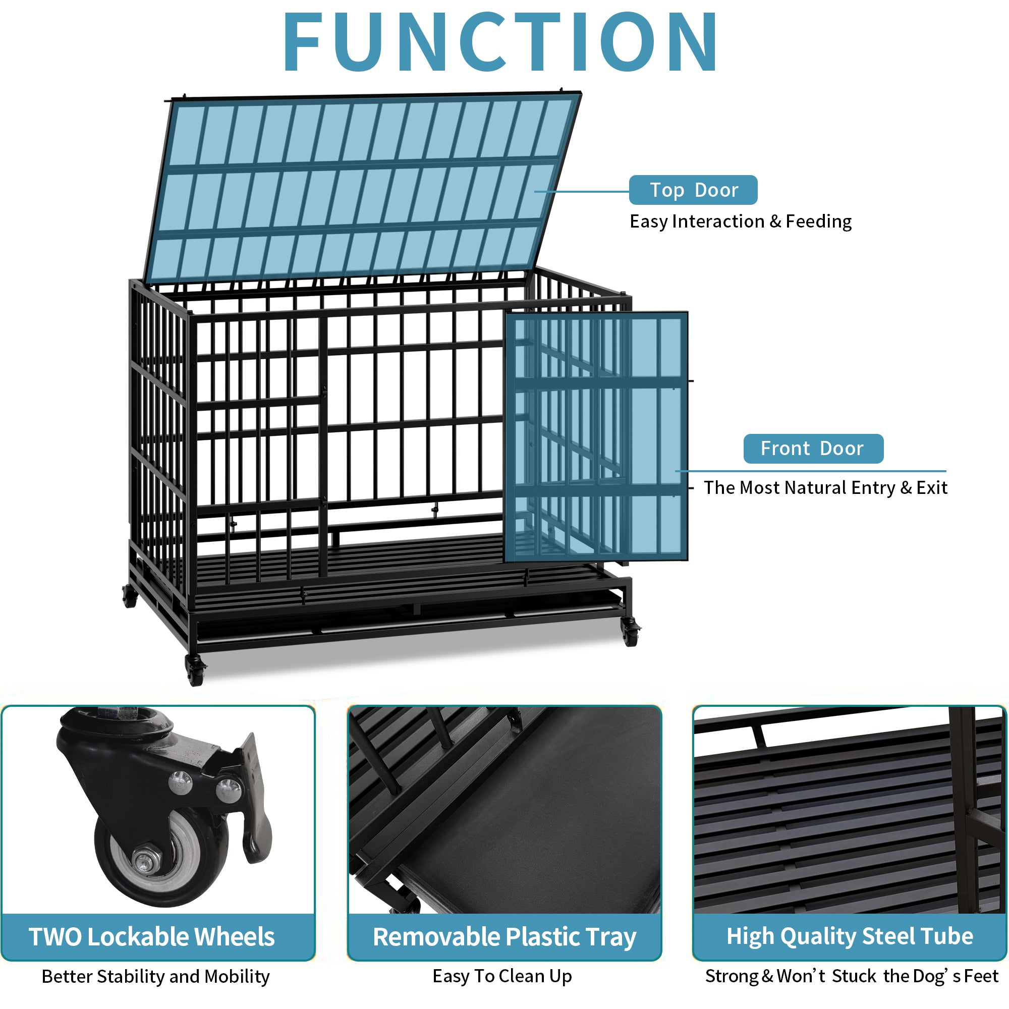 48 Inch Heavy Duty Indestructible Dog Crate with Wheels