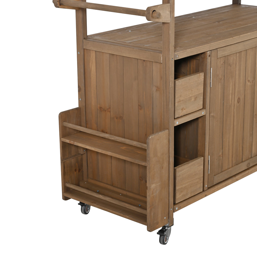54.33" Farmhouse Rolling Outdoor Kitchen Cart, Solid Wood Frame with Stainless Steel Top, Spice Rack, Towel Rack, Lockable Wheels & Multi-Functional Storage for Patio, Backyard BBQ & Kitchen