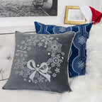 Gray Velvet Holiday Throw Pillow with Snowflake Wreath Embroidery
