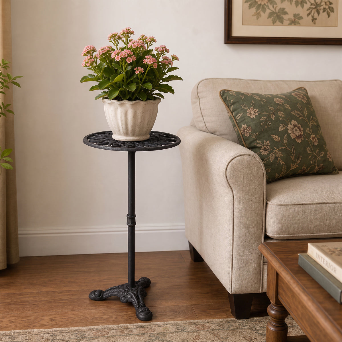 Single Tier Cast Iron Plant Stand, Tall, Black, Vintage Floral Openwork