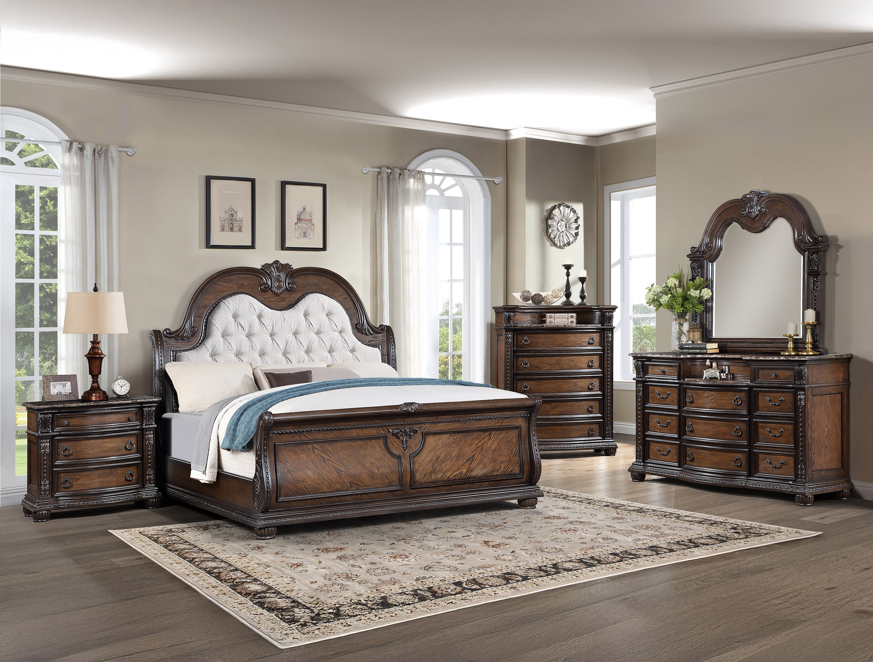 Traditional Style Faux Leather Upholstered King Sleigh Bed