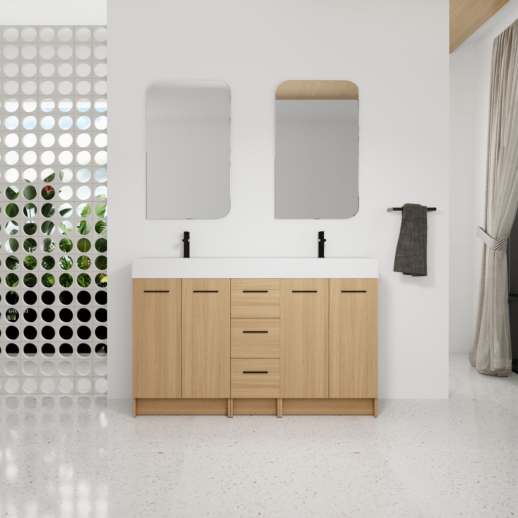 60" Double Sink Bathroom Vanity with 3 Drawers and Integrated Resin Sink