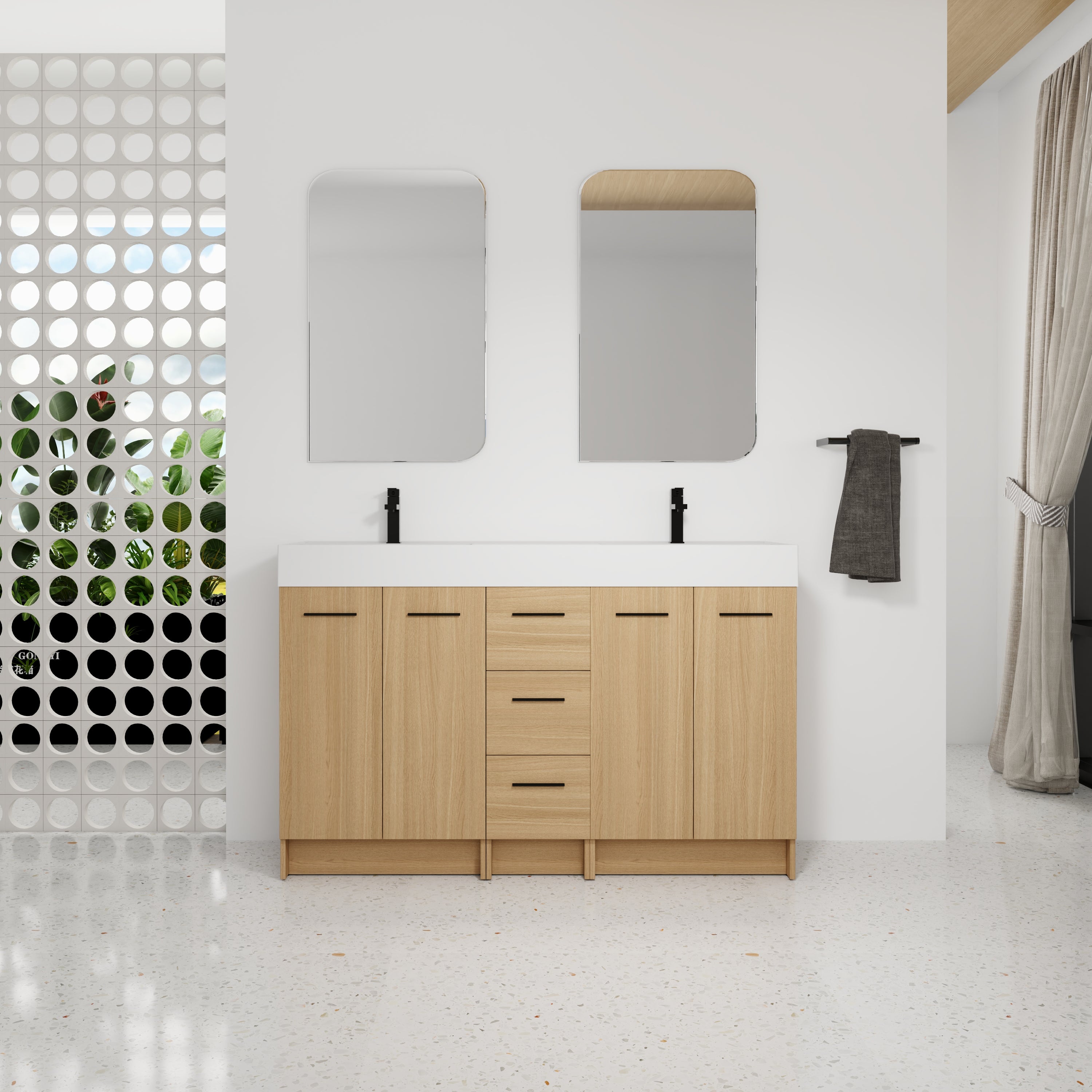 60" Double Sink Bathroom Vanity with 3 Drawers and Integrated Resin Sink