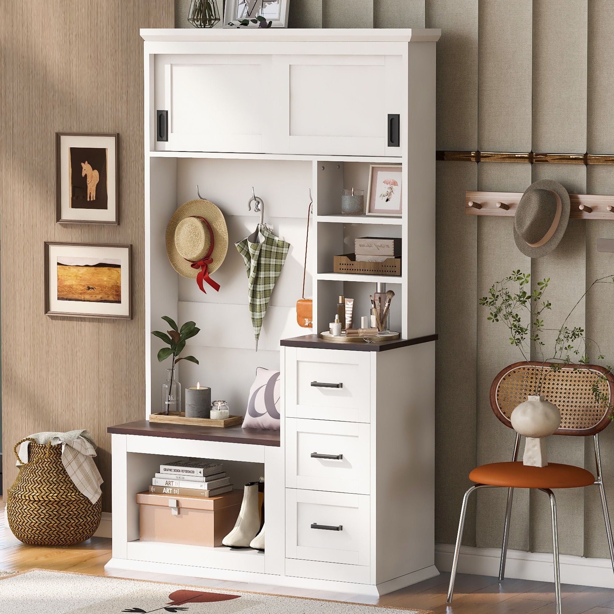 Modern Wide Hall Tree With Coat Rack, 3 Shelves And Drawers, 3 Sturdy Hooks