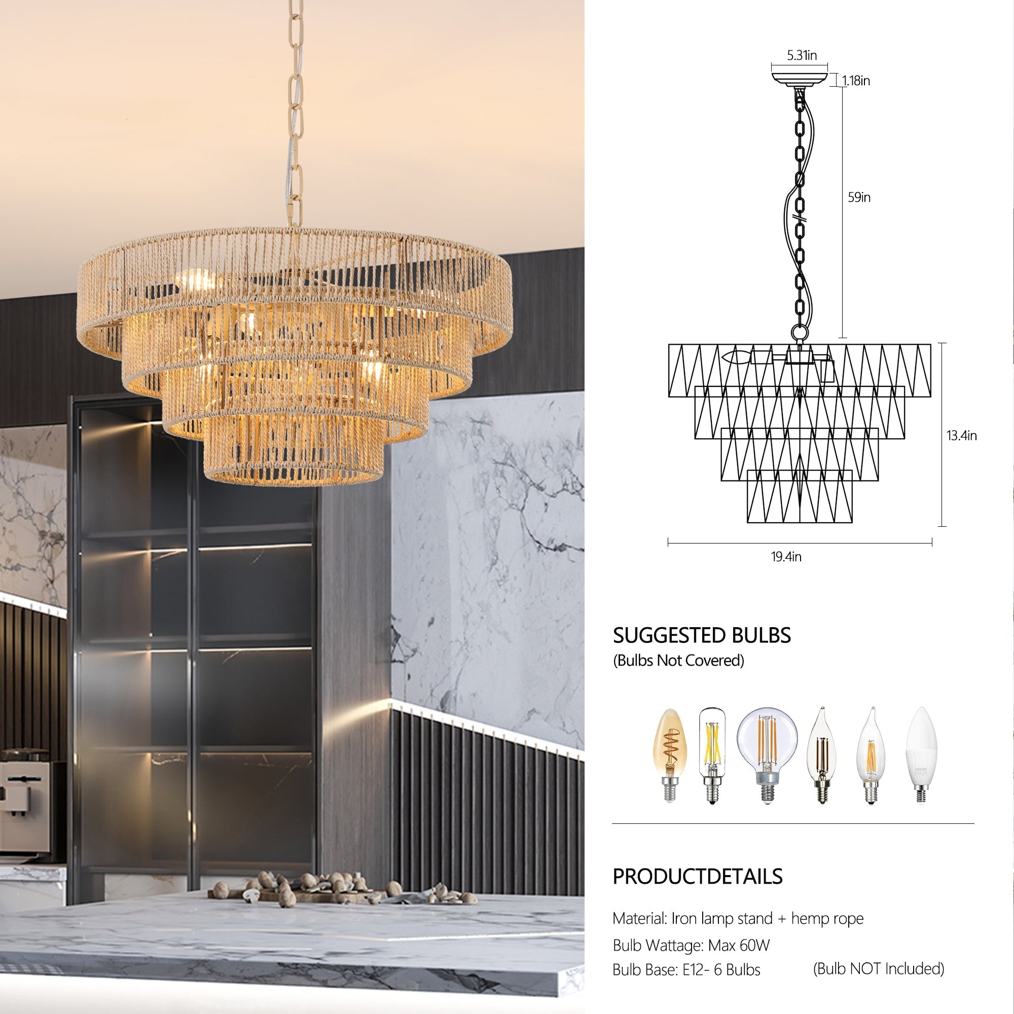 20' Modern 4-Layer Woven Hemp Rope Chandelier