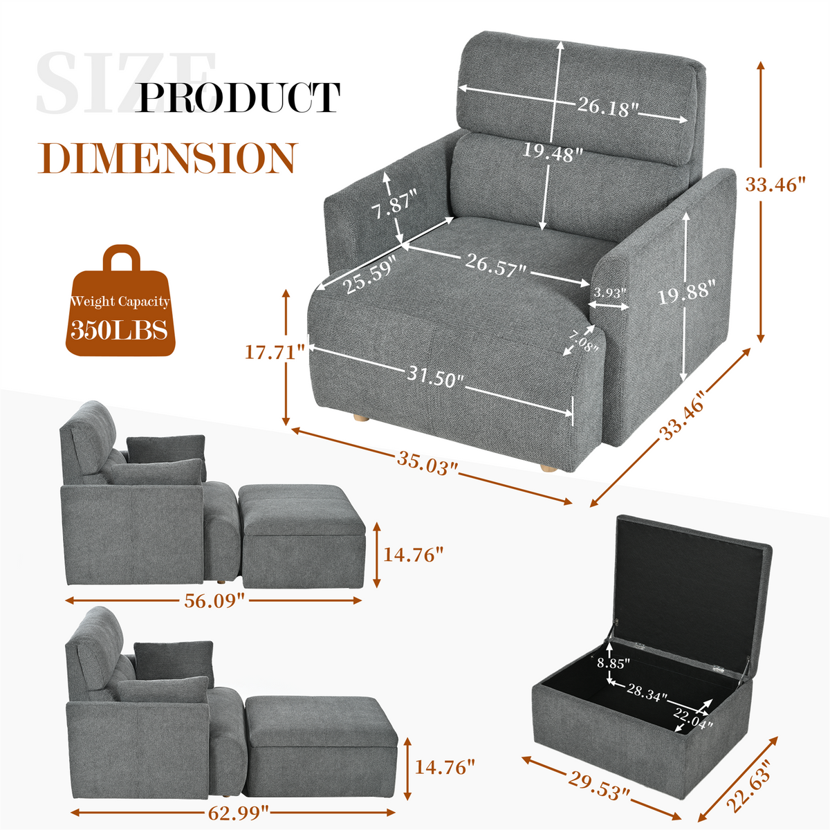 Oversized Accent Chair with Storage Ottoman, Dark Gray Velvet