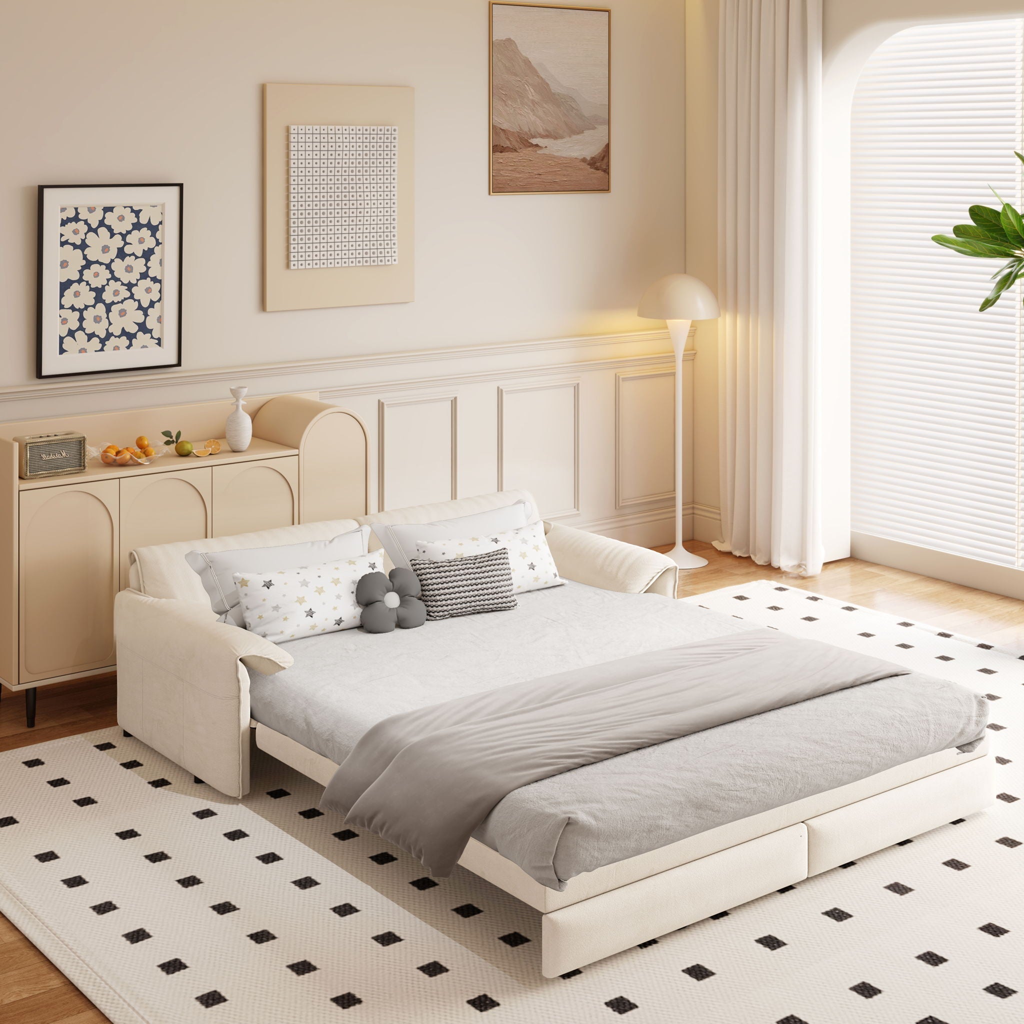 Queen Pull Out Sofa Bed, 3-in-1 Convertible Sleeper Sofa with Side Storage