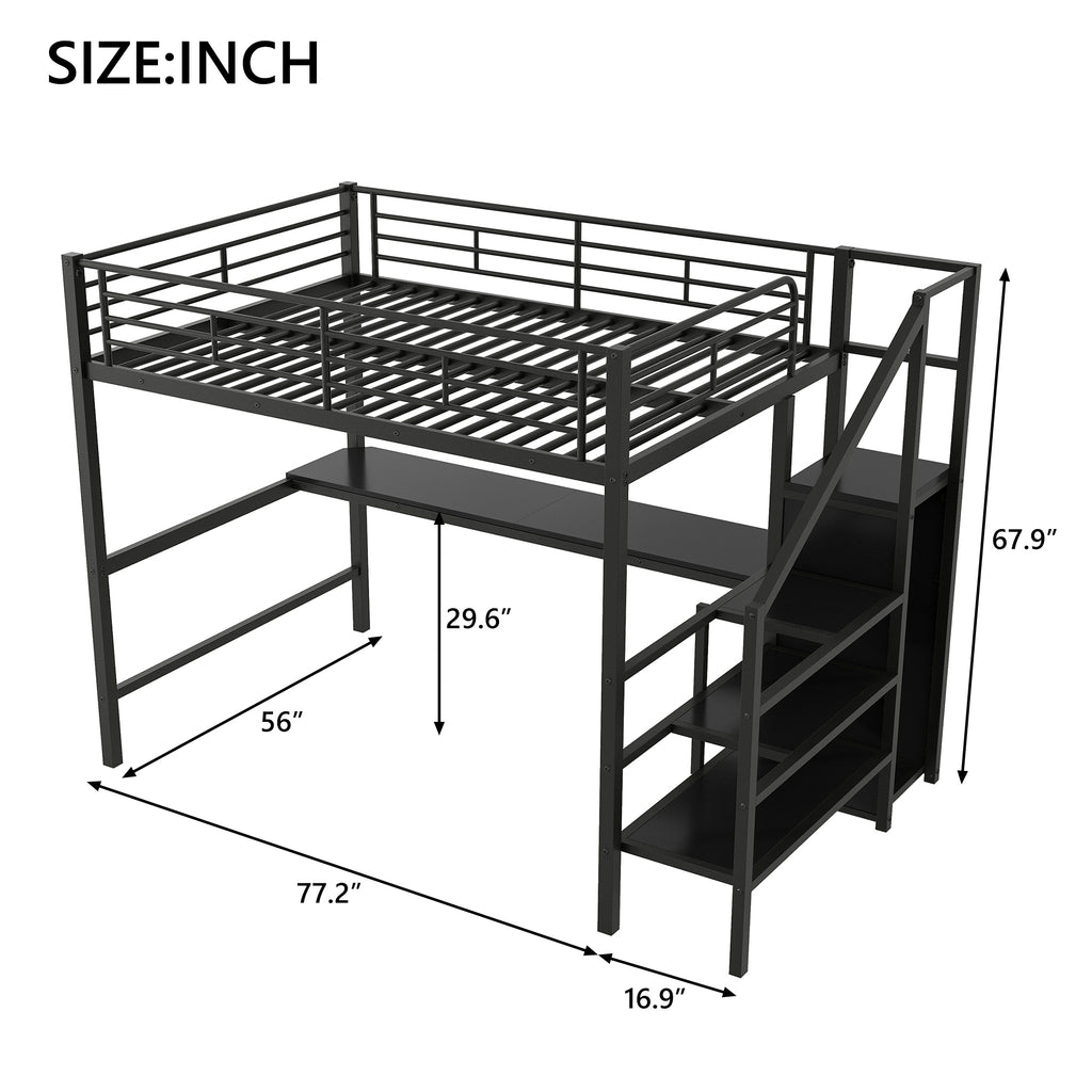Full Size Metal Loft Bed with Desk, Storage Staircase, Small Wardrobe and LED Light