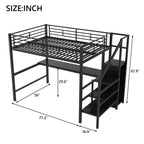 Full Size Metal Loft Bed with Desk, Storage Staircase, Small Wardrobe and LED Light