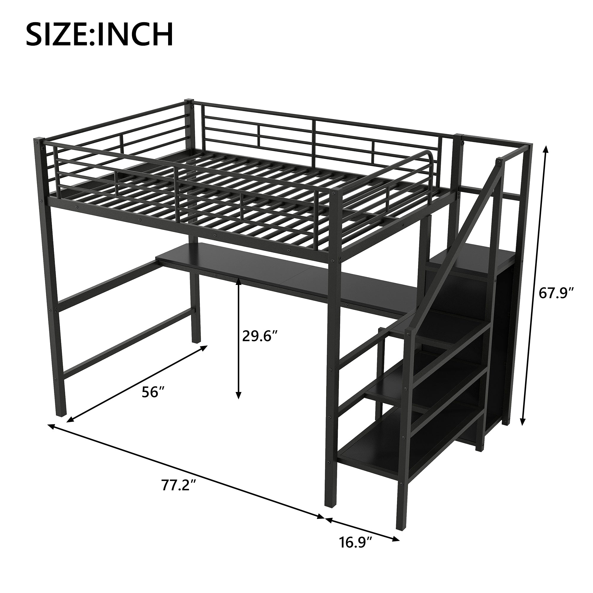 Full Size Metal Loft Bed with Desk, Storage Staircase, Small Wardrobe and LED Light