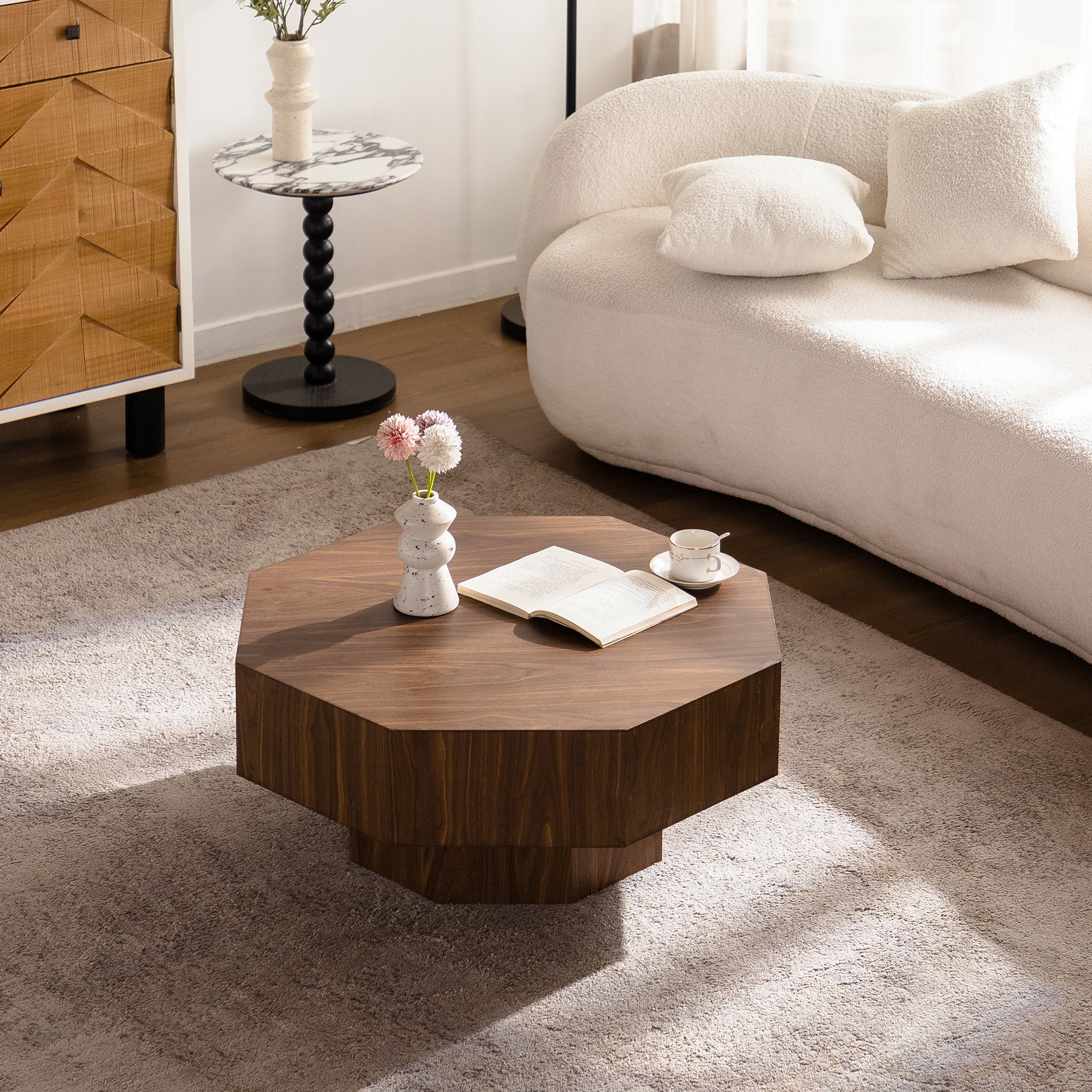 30.51 Inch Coffee Table Wooden Octagonal-Shaped for Living Room