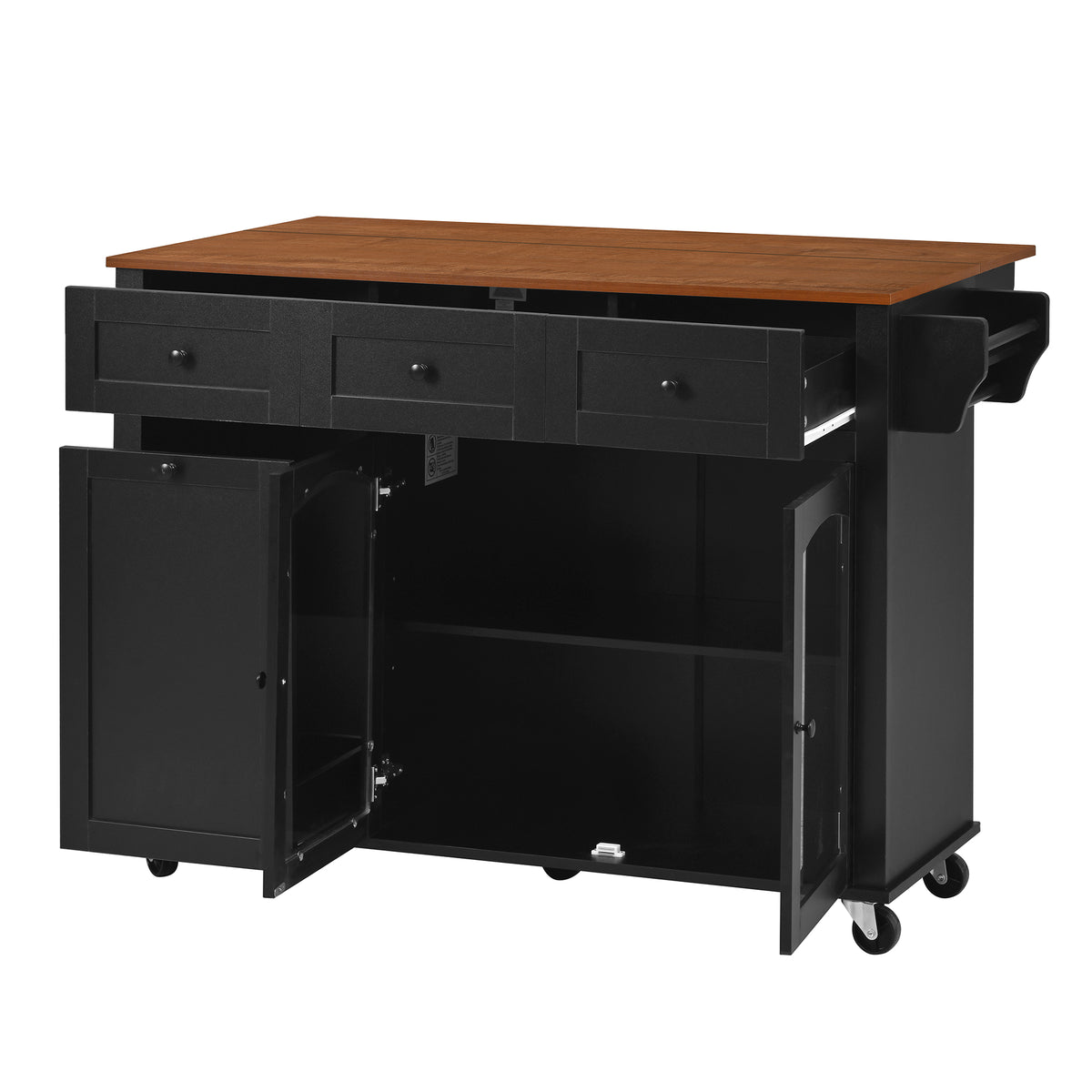 54.2" Mobile Kitchen Island with Glass Door Storage & Trash Bin Cabinet