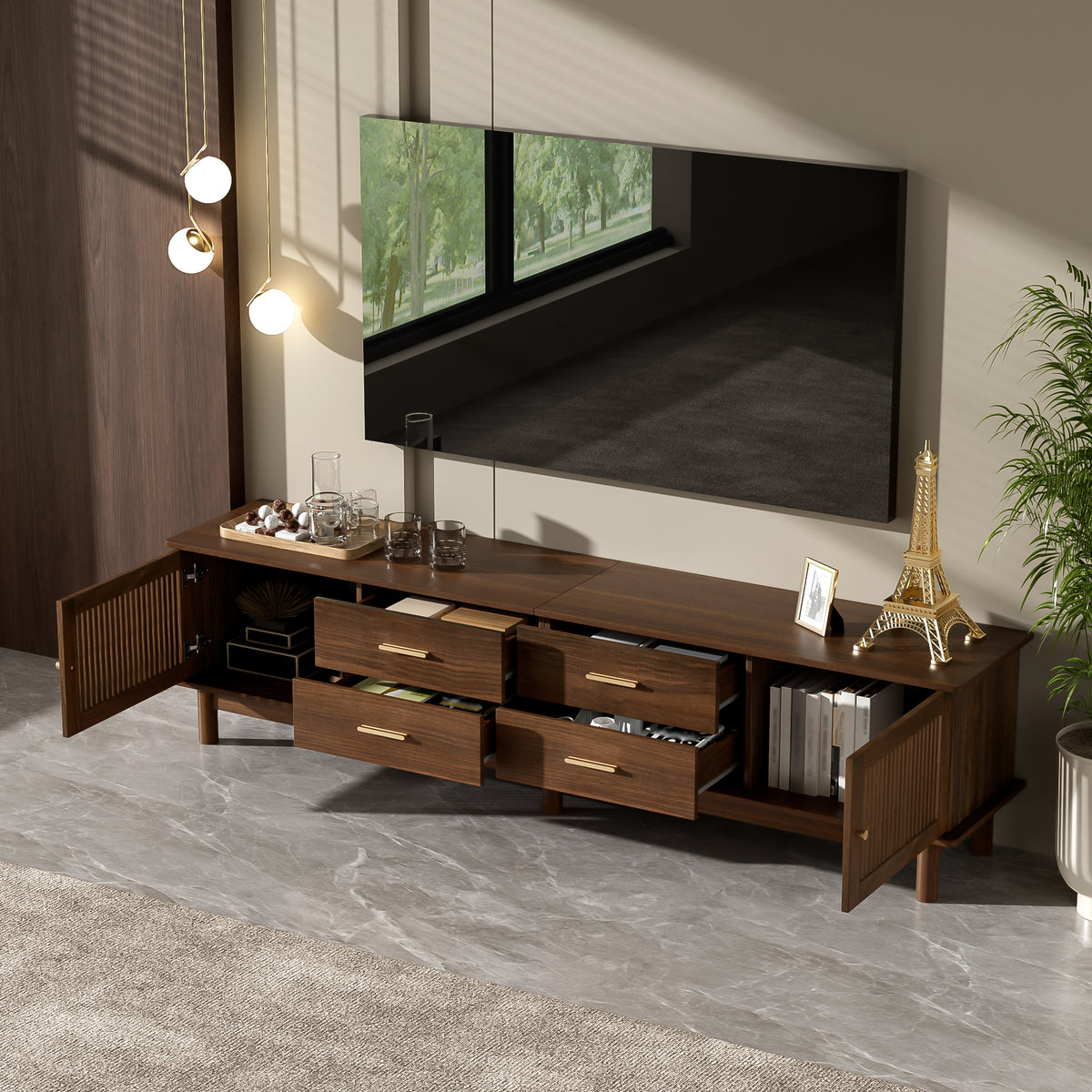 78-Inch TV Stand for 85-Inch TVs, Mid-Century Modern with Slatted Doors and Drawers, Walnut