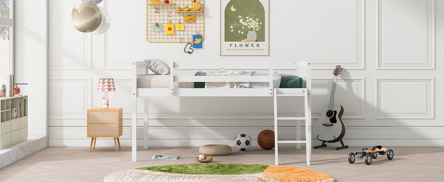 Full Size Wood Low Loft Bed with Ladder