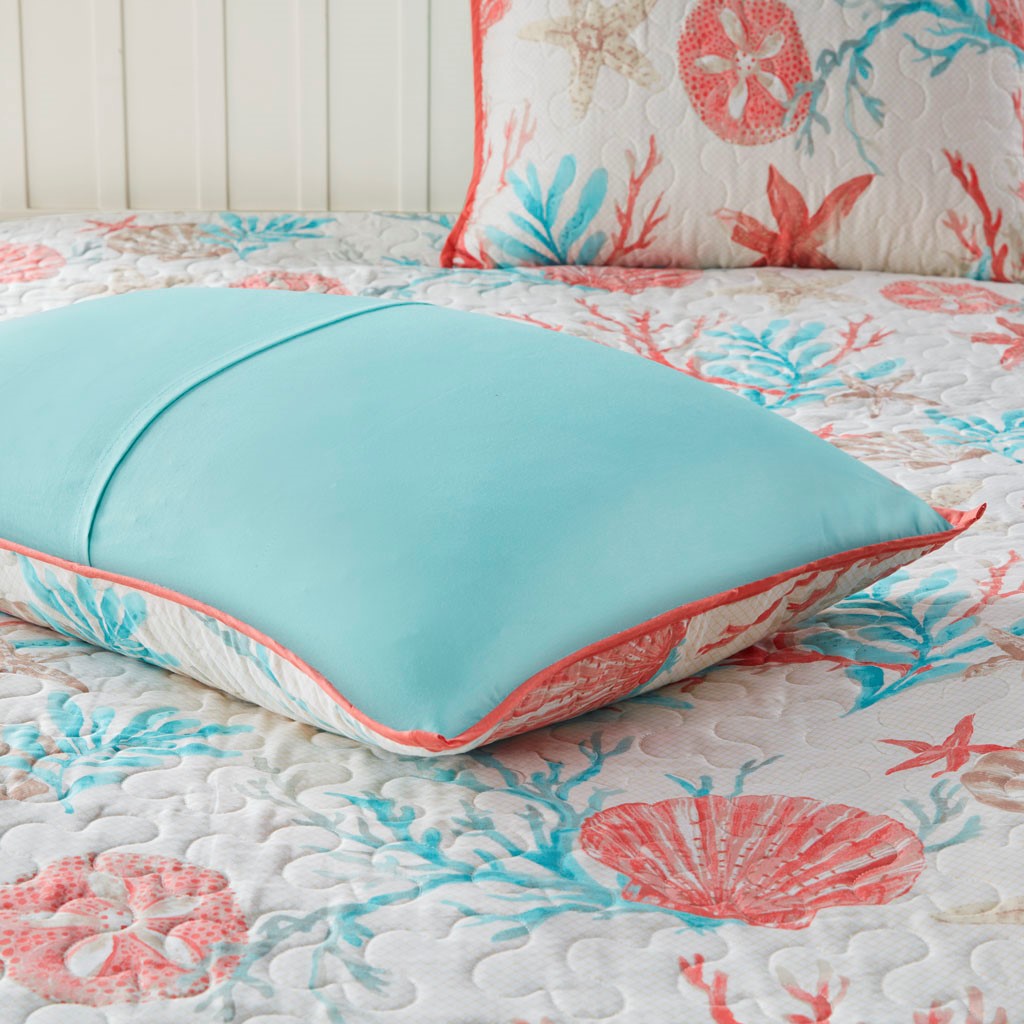 6 Piece Cotton Sateen Quilt Set with Throw Pillows Coral King/Cal King