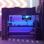Wood Full Size Gaming Loft Bed with Desk, Storage Shelves, and LED Lighting