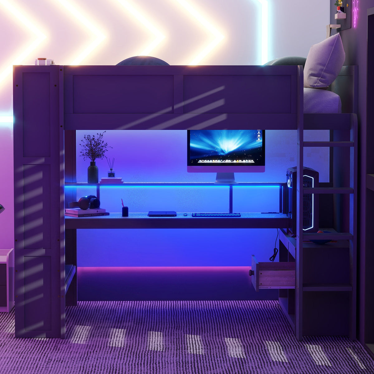 Wood Full Size Gaming Loft Bed with Desk, Storage Shelves, and LED Lighting