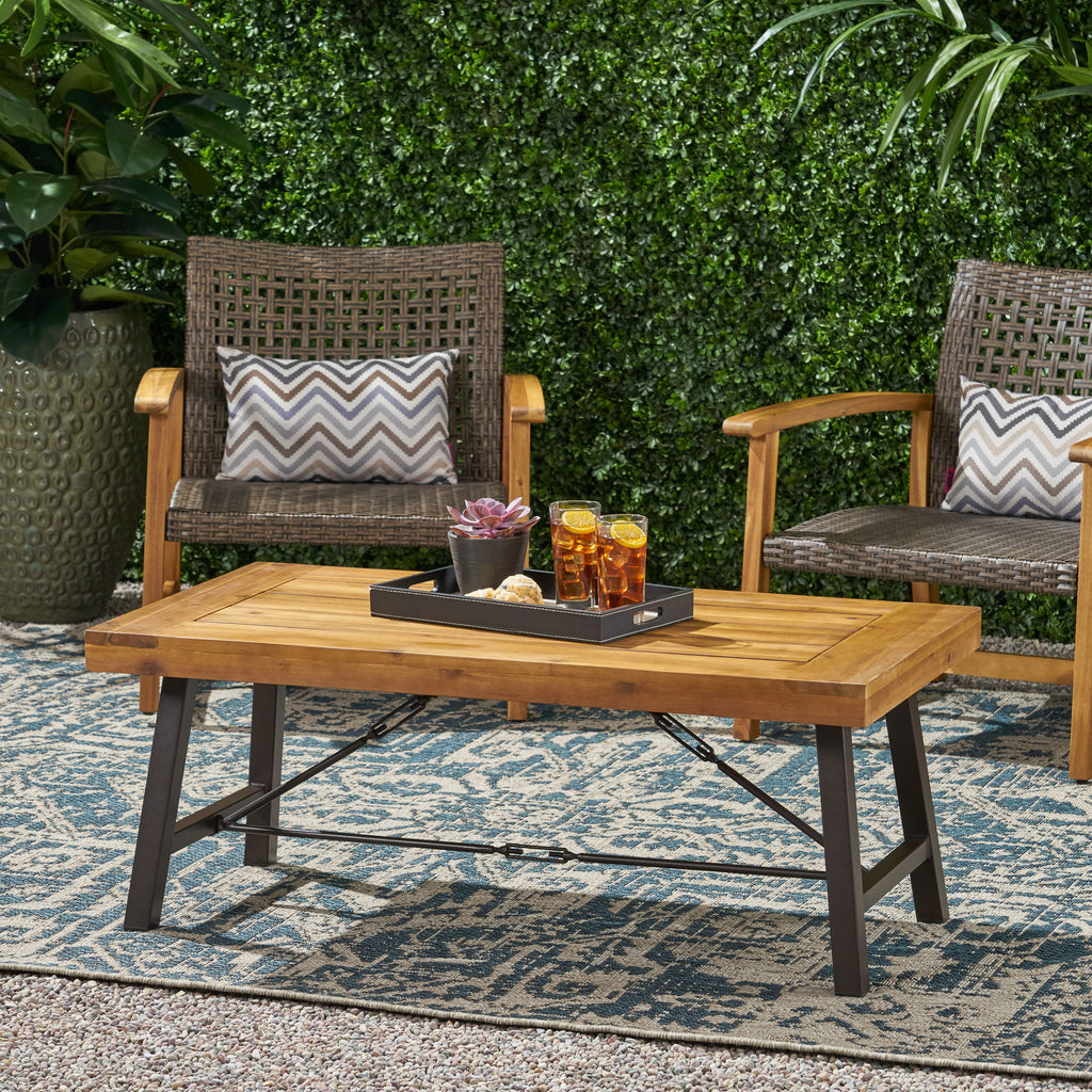 Outdoor Acacia Wood Coffee Table, Teak Finish / Rustic Metal