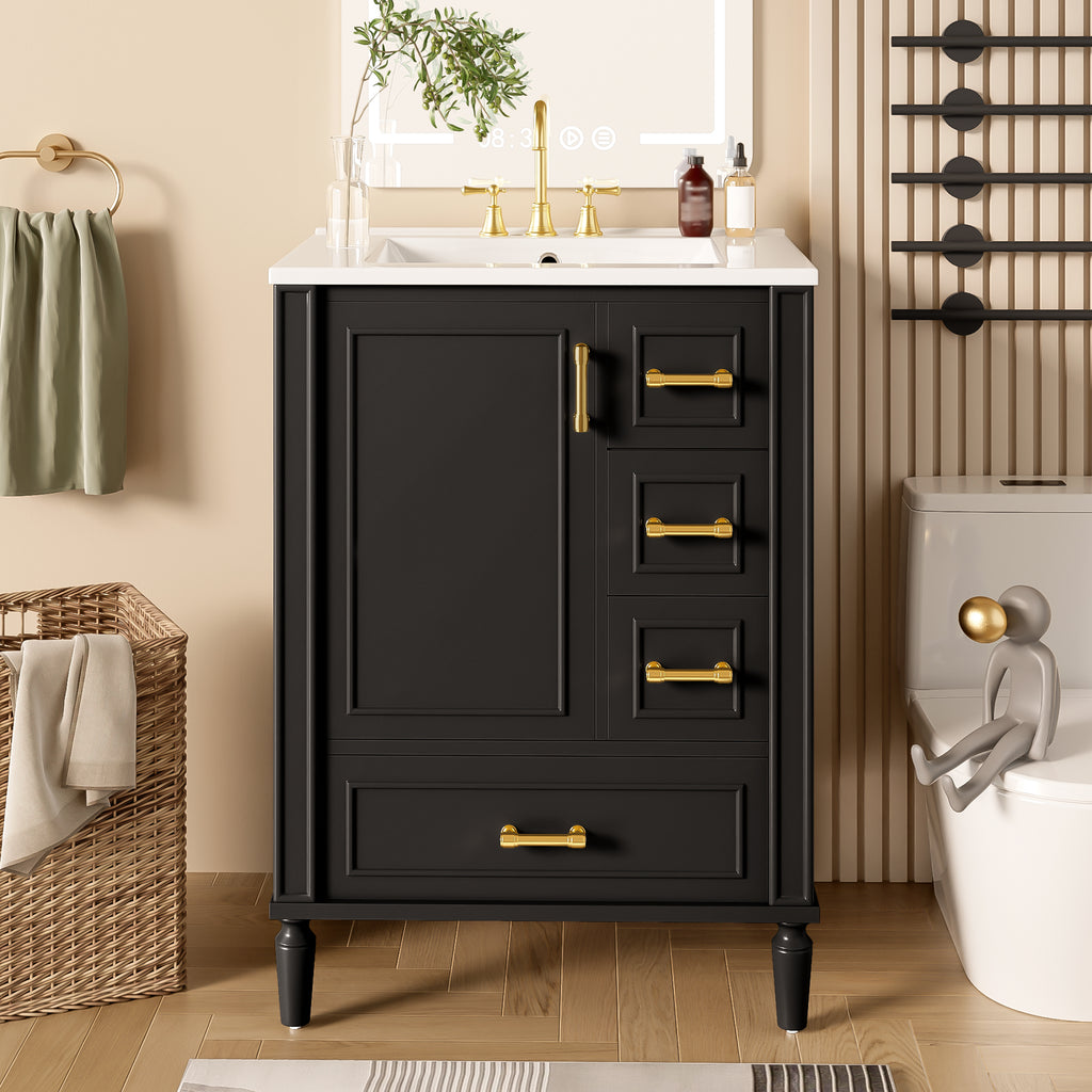 24" Modern Bathroom Vanity with Ceramic Sink, Soft-Close Door, 3 Drawers