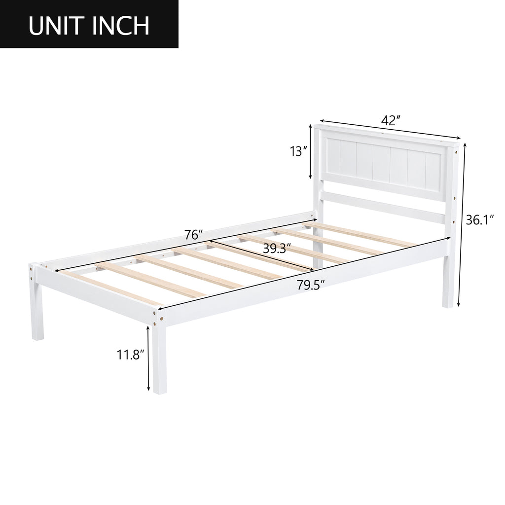 Platform Bed Frame with Headboard, Wood Slat Support, Twin, White