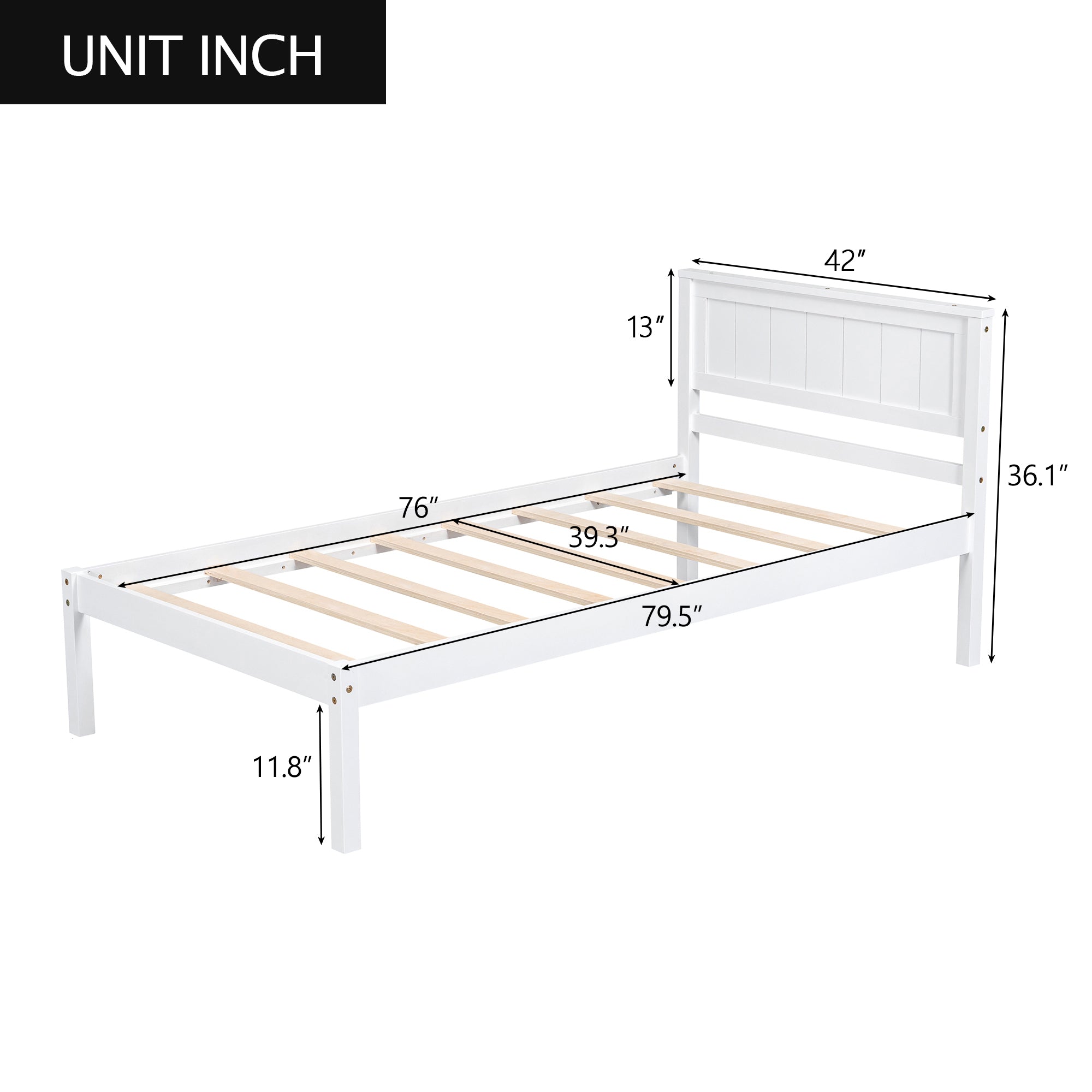 Platform Bed Frame with Headboard, Wood Slat Support, Twin, White