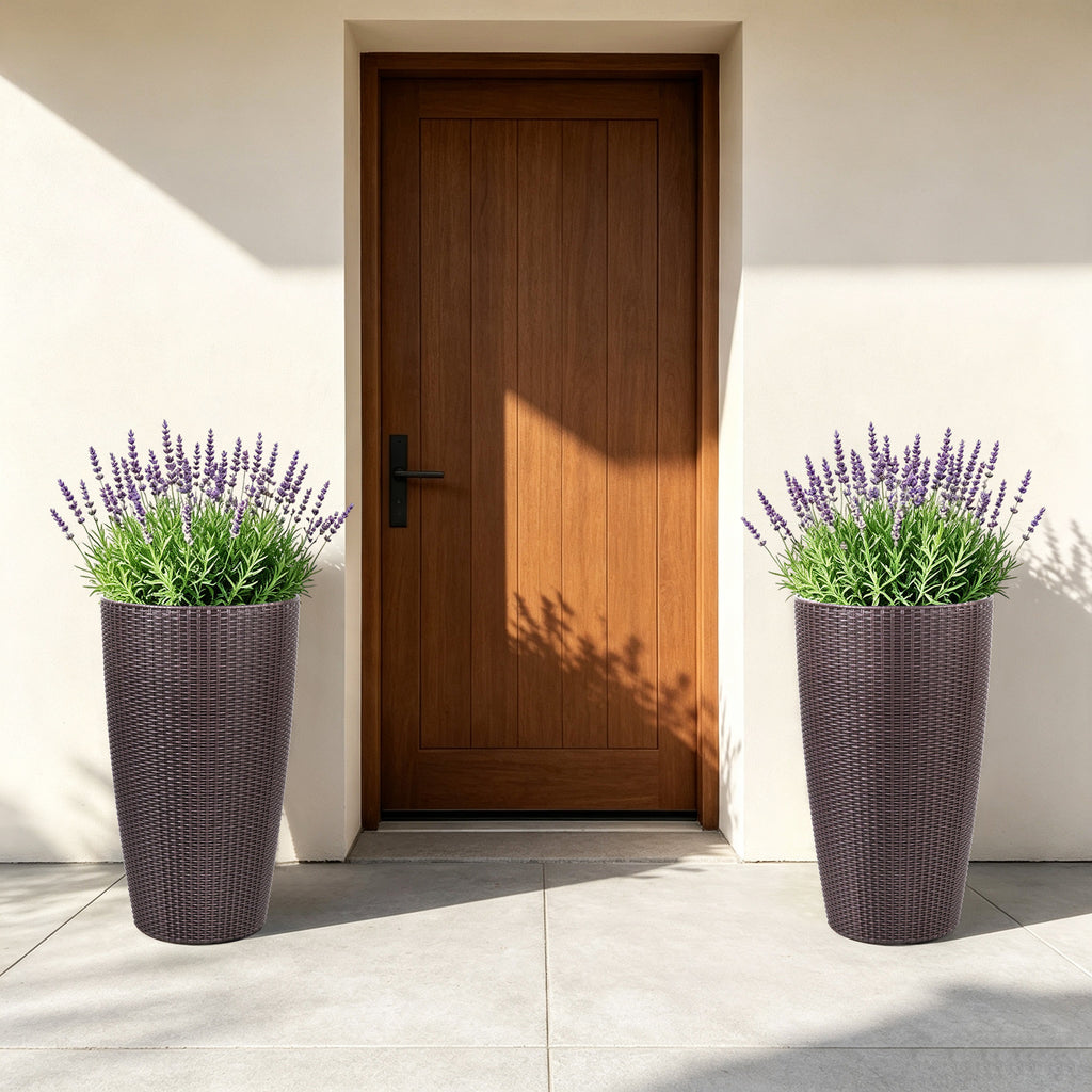 Set of 2 Faux Rattan Tall Planters