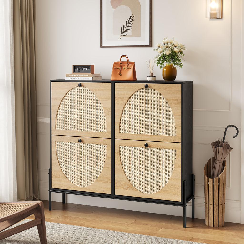 Space-Saving Rattan Shoe Cabinet with 4 Flip-Down Doors
