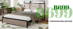 Antique Wooden Platform Bed Frame with Storage and LED Lights