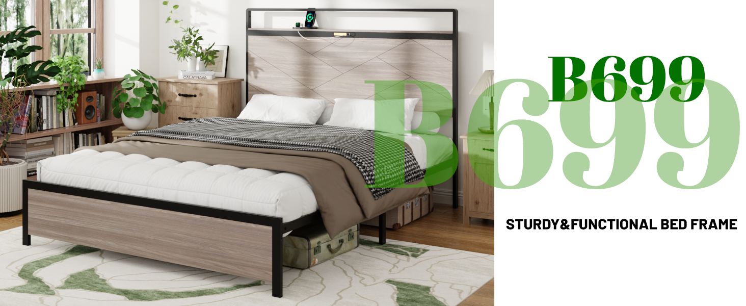 Antique Wooden Platform Bed Frame with Storage and LED Lights