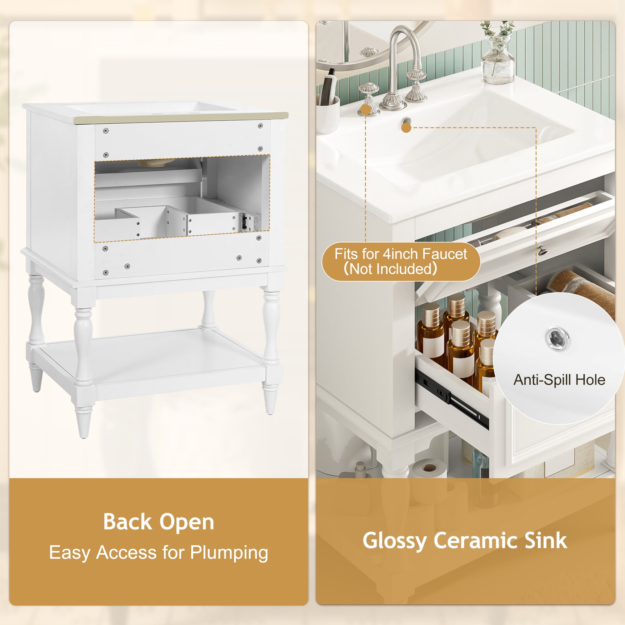 24-Inch Bathroom Vanity with Ceramic Sink and Storage Cabinet
