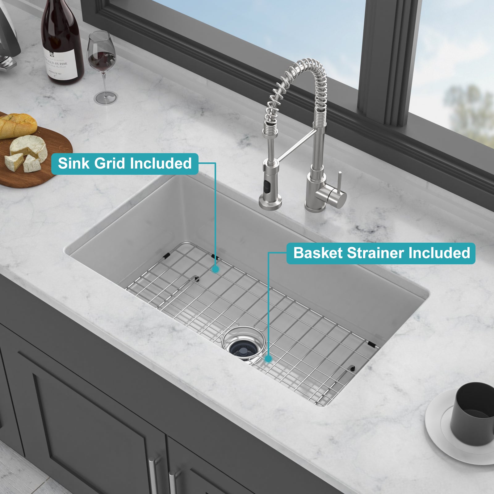 32"x19"x10" Undermount Single Bowl Fireclay Kitchen Sink
