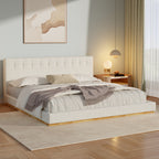 Solid Rubber Wood Platform Bed with Upholstered Headboard