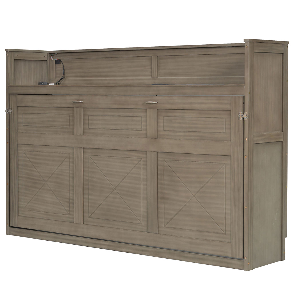 Twin XL Size Murphy Bed with Desk, LED Light and USB Charging Station