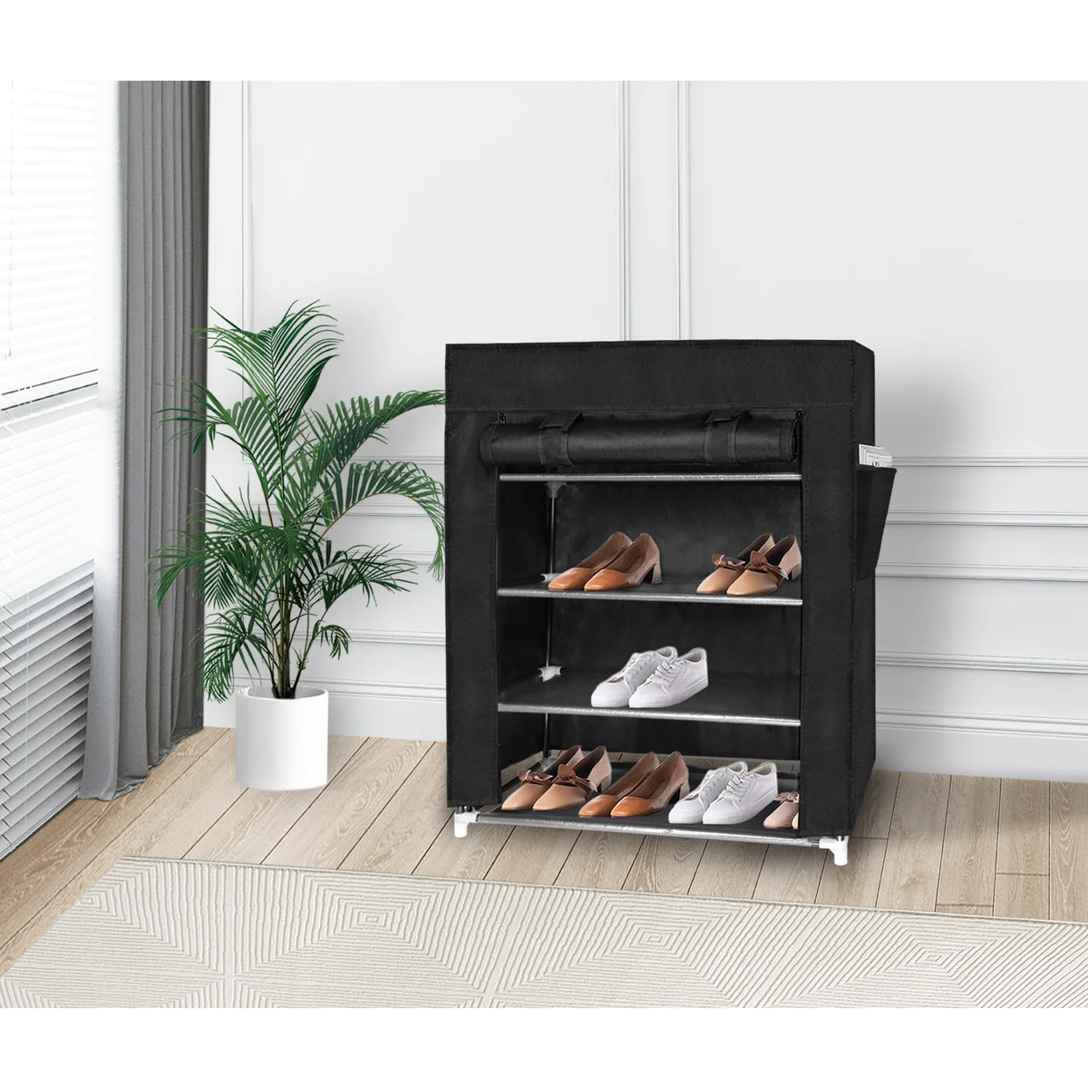 4 Tier Shoe Rack with Side Pocket Holds 24 Shoes