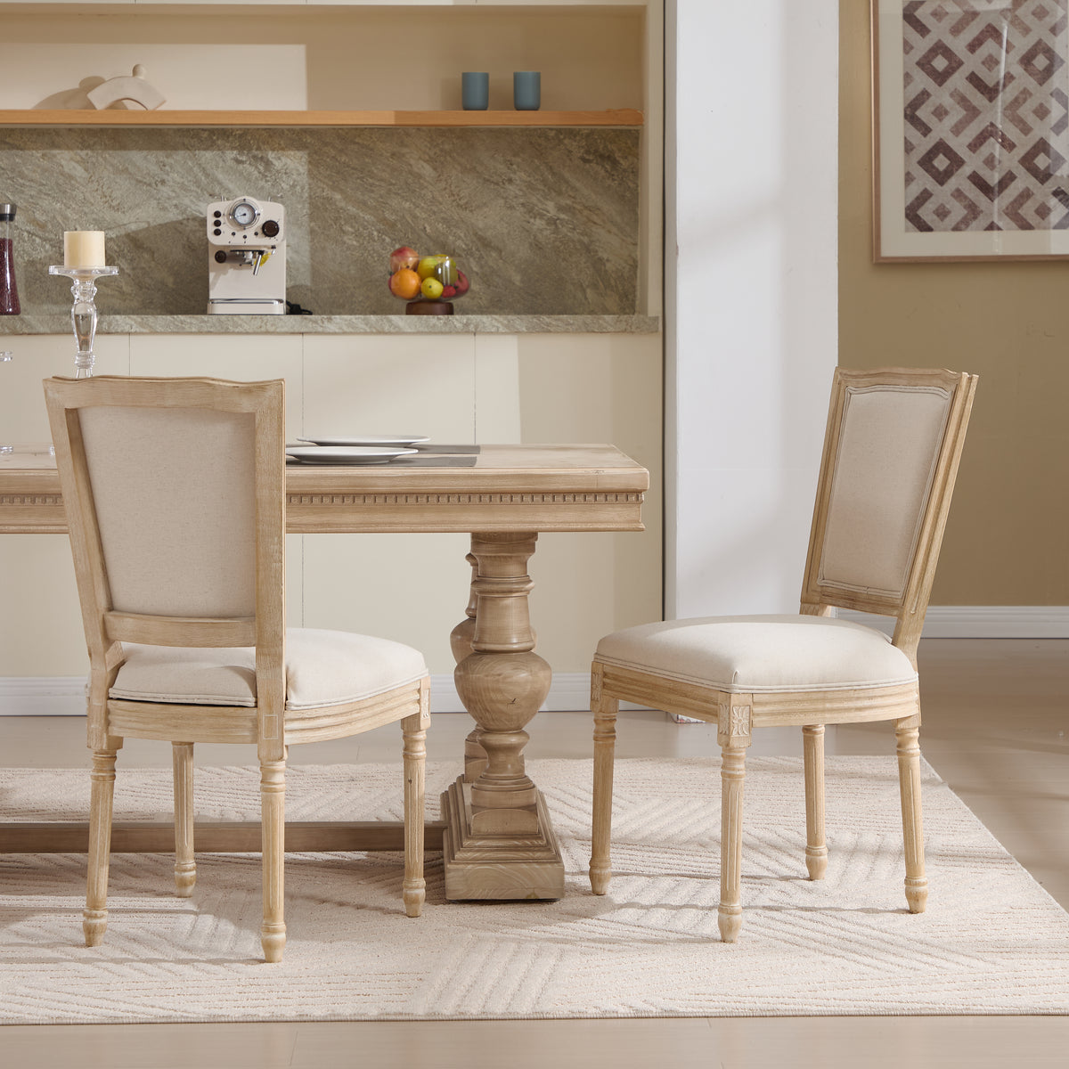 French Country Dining Chairs Set of 2, Upholstered, T-Shaped Back, Beige