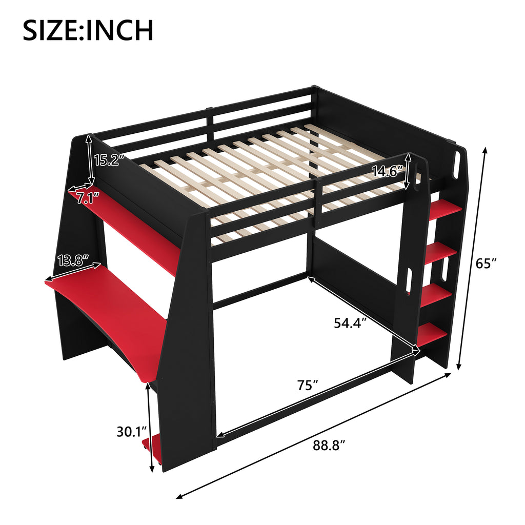 Full Size Wooden Gaming Bunk Bed with Desk and Storage