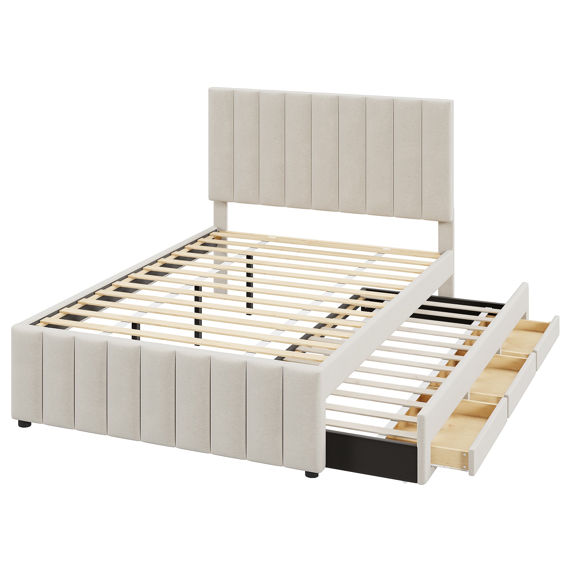 Full Size Upholstered Platform Bed with Twin Size Trundle and 3 Drawers