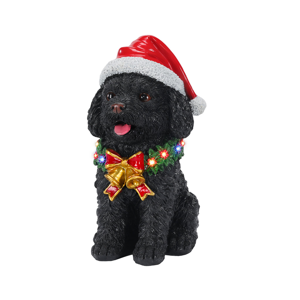 Lighted Christmas Teddy Poodle Dog Statue, Santa Hat Puppy Figurine, Black