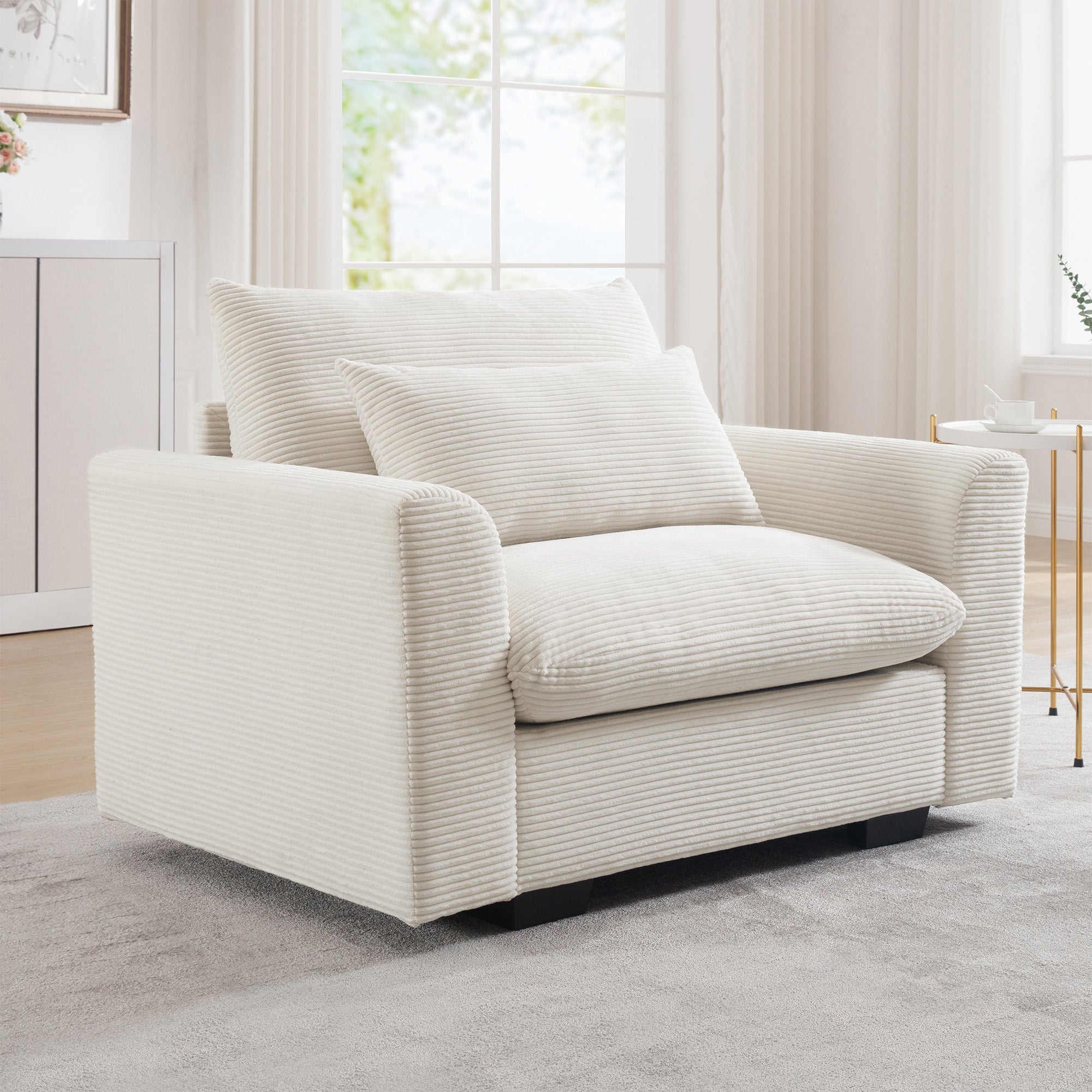 Beige Corduroy Deep Seat Accent Chair