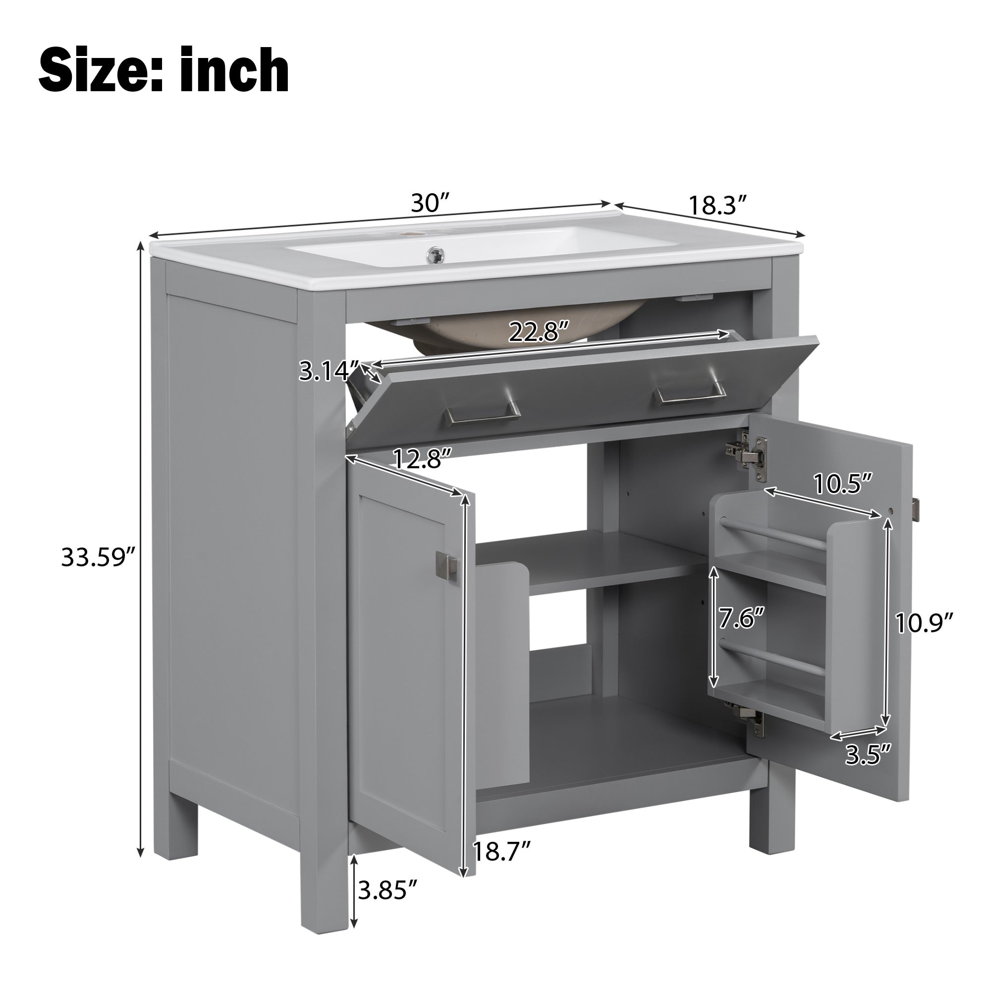 30" Bathroom Vanity with Ceramic Sink, Modern