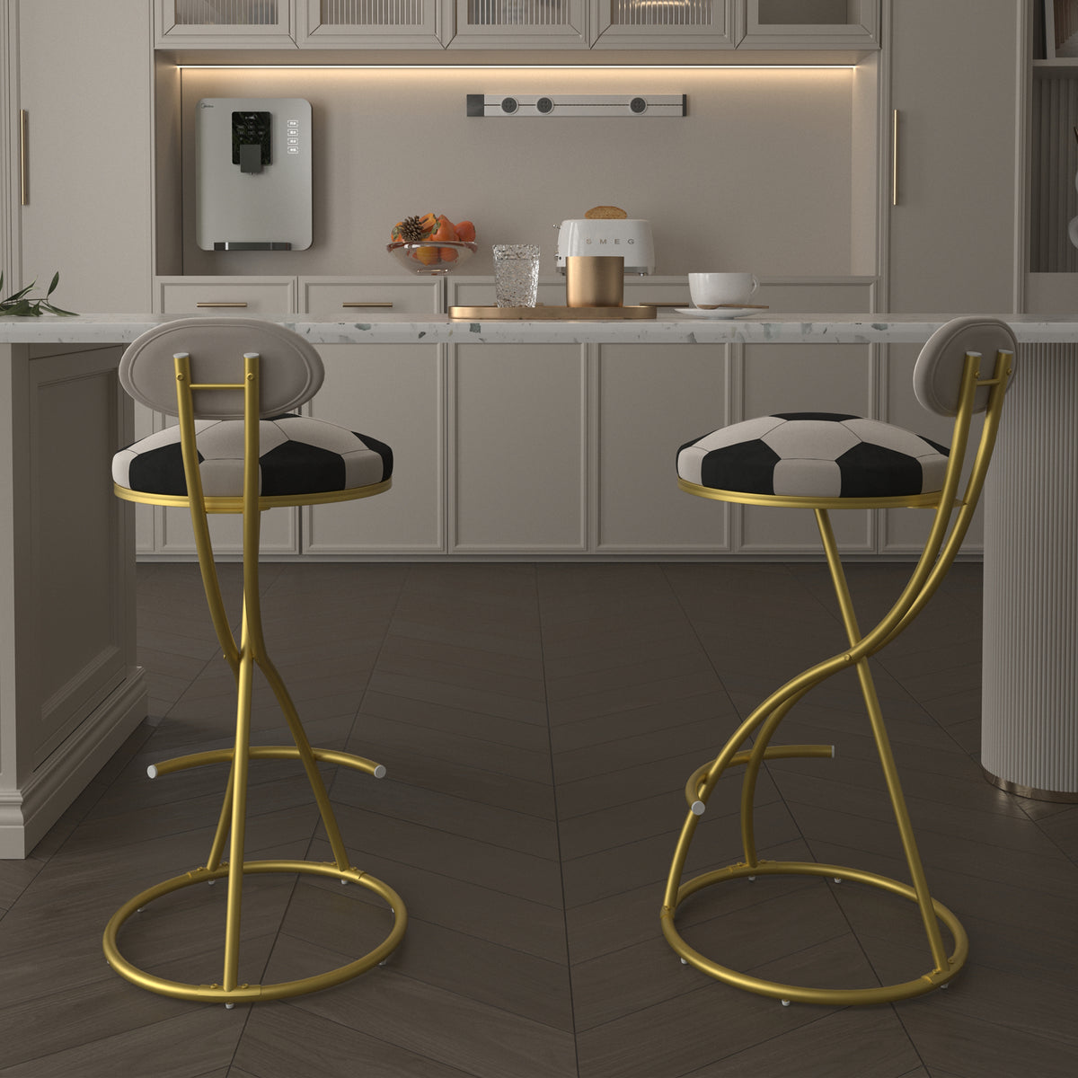Football Print Bar Stools Set of 2, Counter Height, Gold Frame, Creamy White Velvet