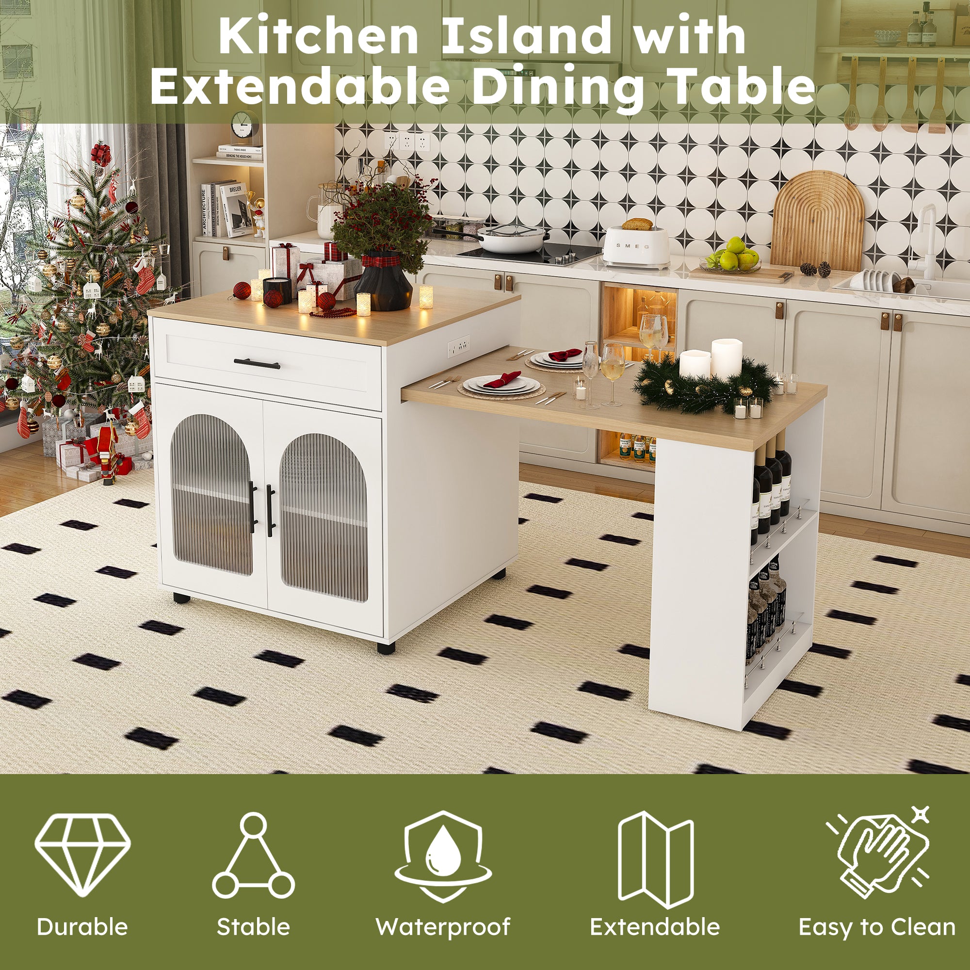 80-Inch Expandable Kitchen Island with Dining Table