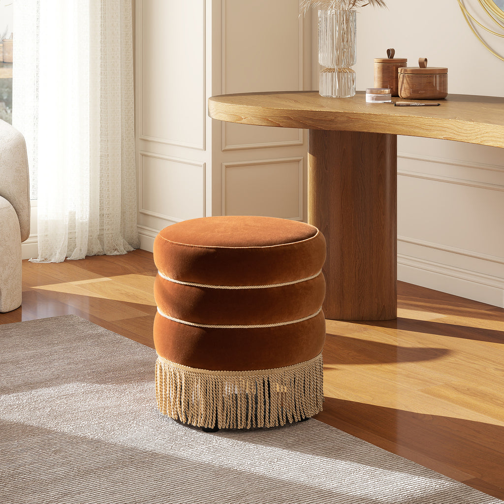 Edward 17.5" Round Upholstered Ottoman with Bullion Fringe