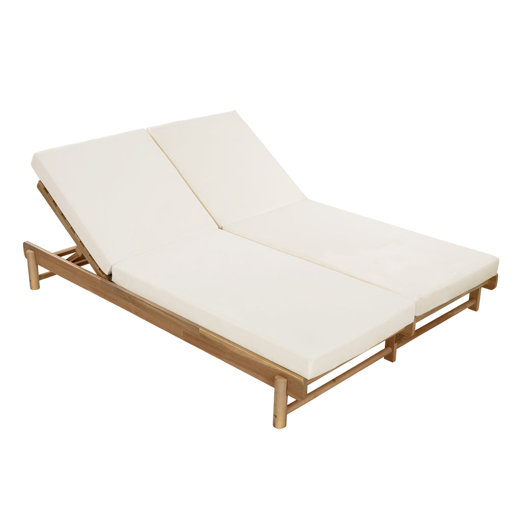 Light Teak Acacia Wood Double Chaise Lounger Set: 1 Frame + 2