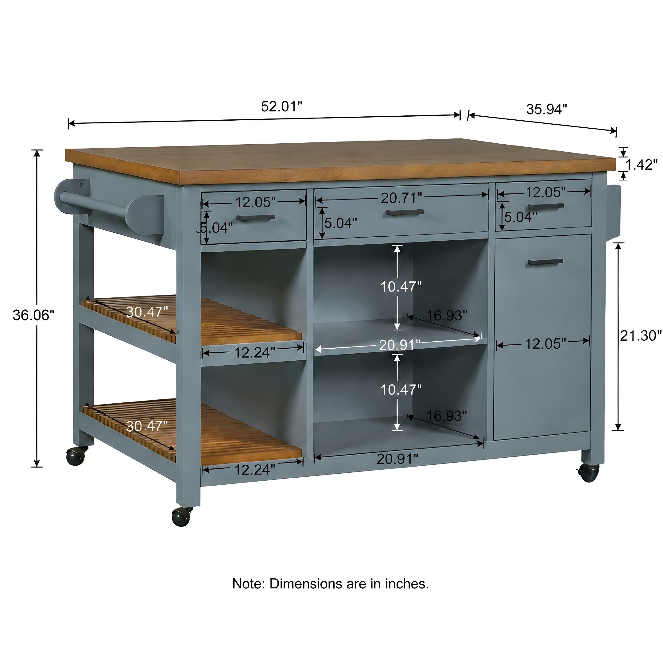 52" Kitchen Island Cart with Rubber Wood Top