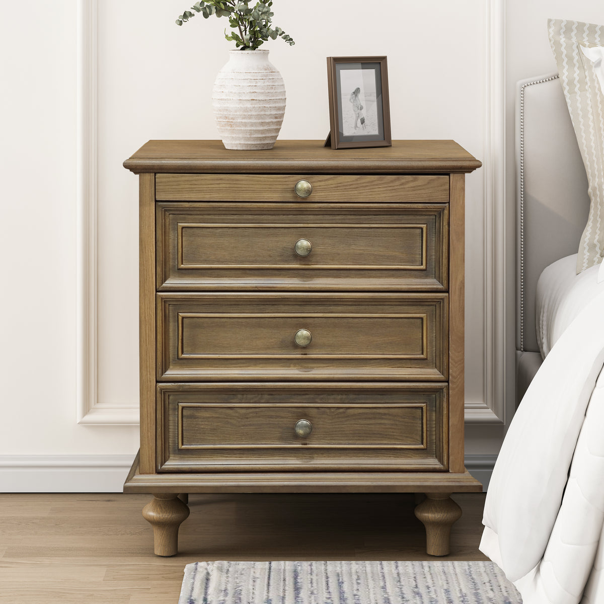 Farmhouse Nightstand with 4 Drawers and Pull-Out Shelf, Light Brown