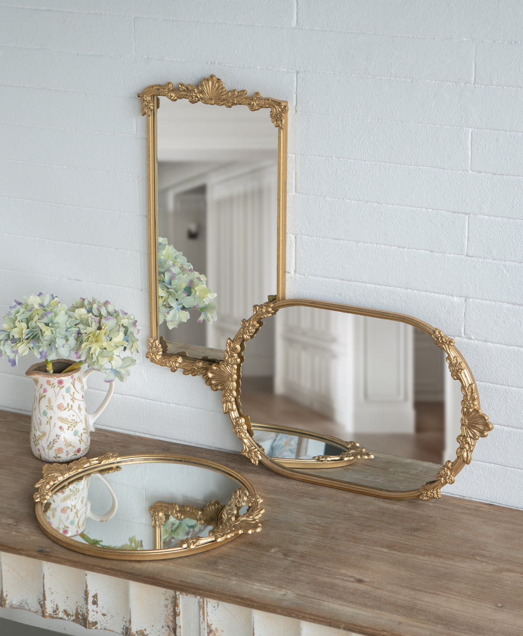 Decorative Mirror Tray with Gold Iron Frame and Floral Accents, 22.7-Inch