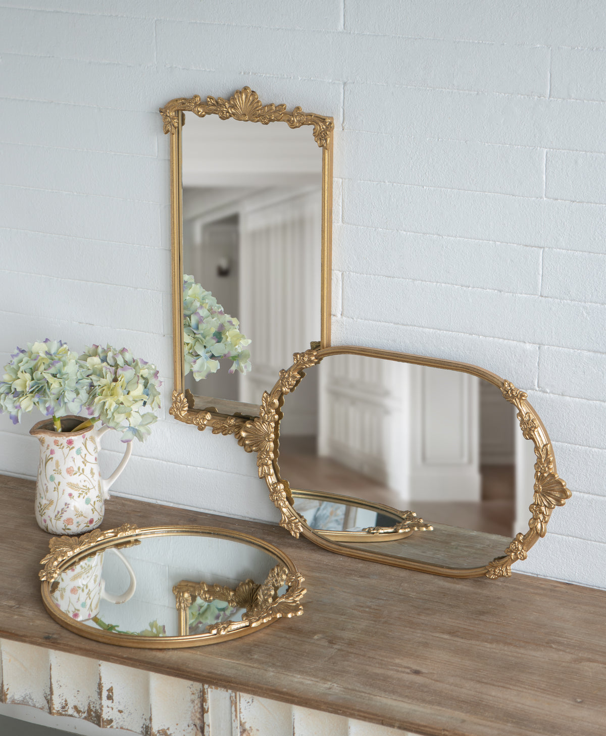 Decorative Mirror Tray with Gold Iron Frame and Floral Accents, 22.7-Inch
